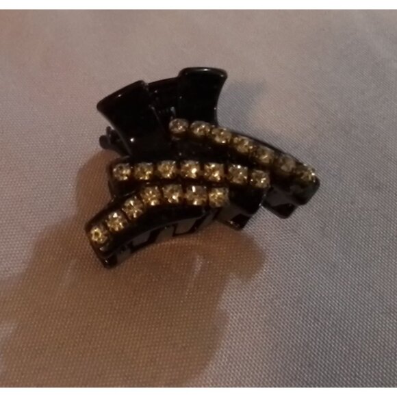Vintage Rhinestone Hair Claw Clip Black & Clear Stones Elegant Accessory - Picture 1 of 2